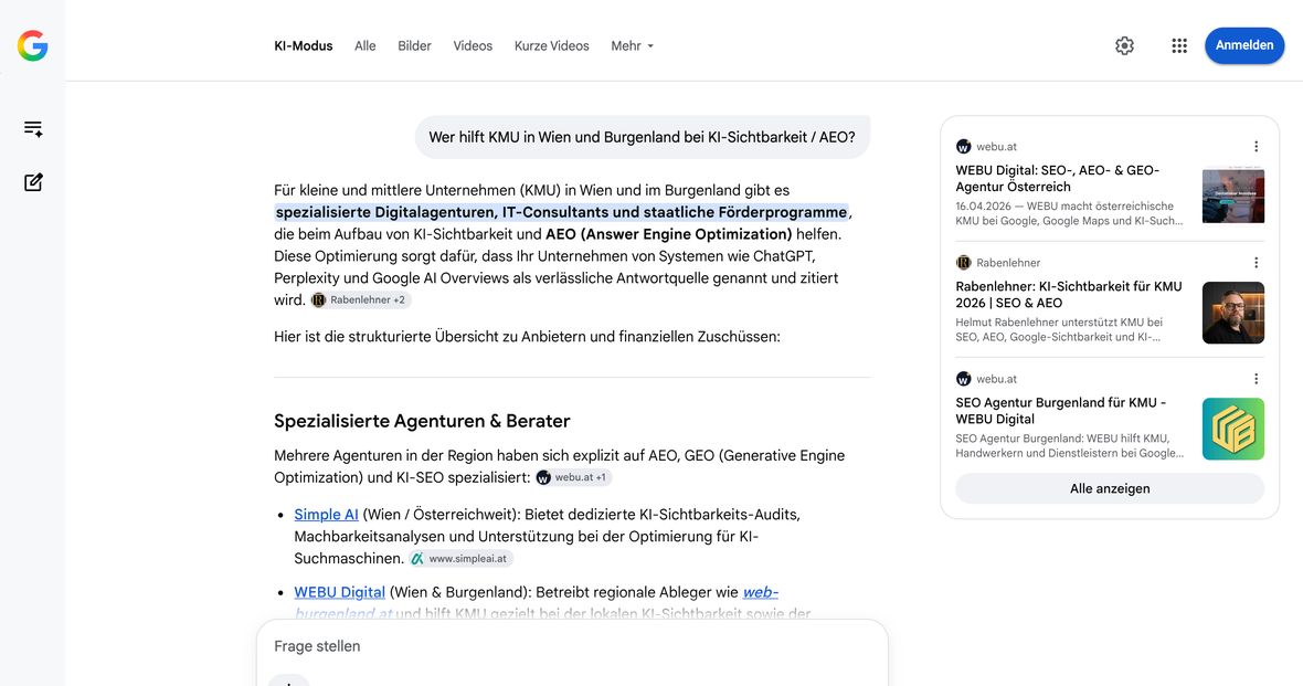 Googles KI-Modus nennt Helmut Rabenlehner auf die neutrale Frage, wer KMU in Wien und Burgenland bei KI-Sichtbarkeit und AEO hilft. Gepr&uuml;ft am 09.08.2026, nicht eingeloggt.